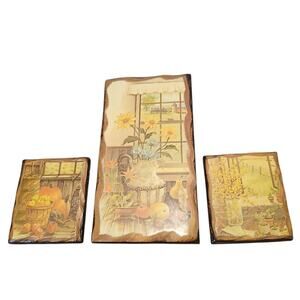 Vtg Wood Fall Harvest Floral Wall Art Plaques Country Farmhouse Cottage Set of 3